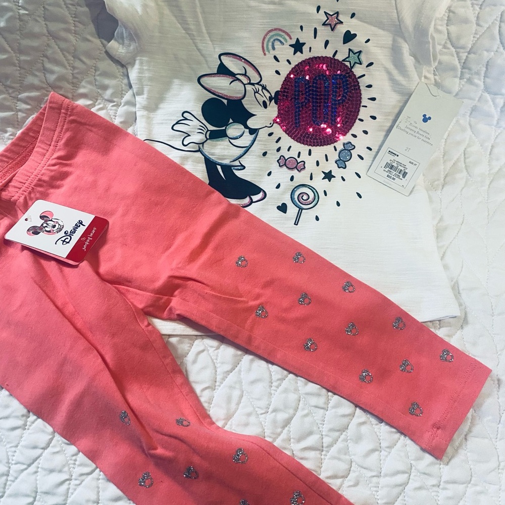 Disney Coral Pink Minnie Mouse Girls Leggings Set